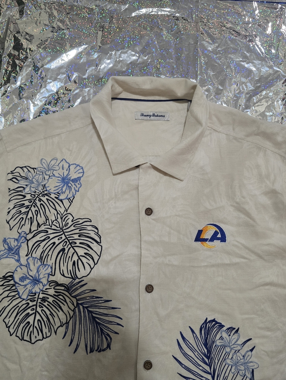 Men's Tommy Bahama Cream Los Angeles Rams Azule Oasis Button-Up Shirt